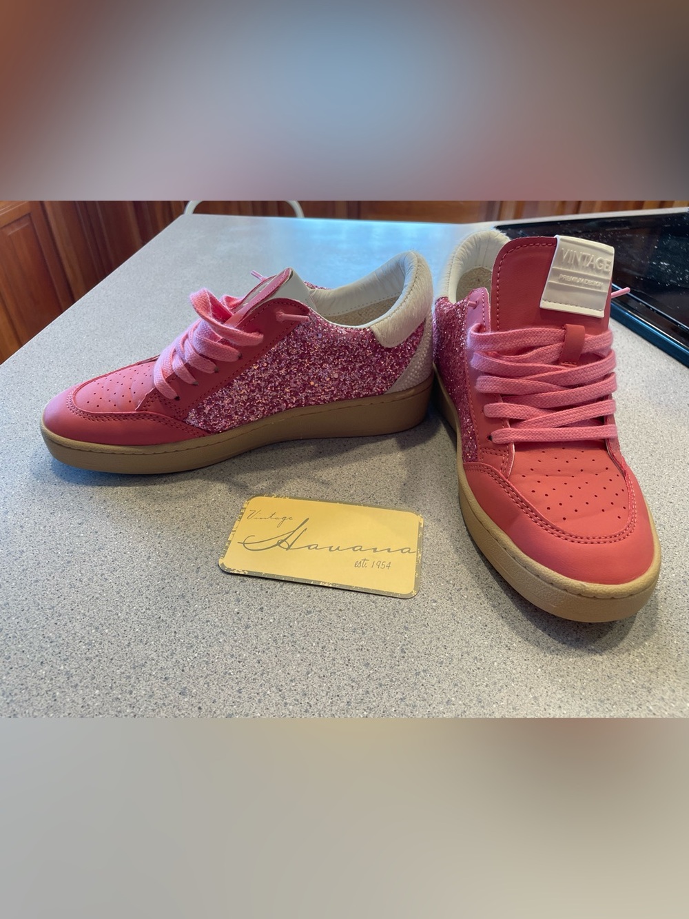 Vintage Havana Pink Glitter Sneakers with Tan Sole